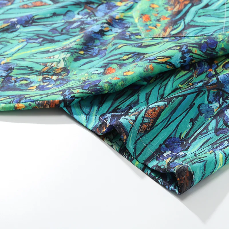 

2021 Summer New Men's European and American Vintage Green Garden Flower Shirt Oil Painting Retro Casual Short Sleeve