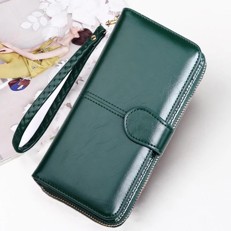 

Leather Women Long Zipper Wallet Purse Female Green Clutch Portomonee For Gift Women Money Bag Coin Card Holder 2021
