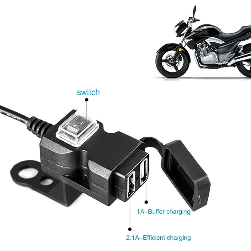 

2.1A/1A Dual USB Port Motorcycle Handlebar Charger Adapter Universal Waterproof Power Supply Socket for Phone Mobile Motorbike