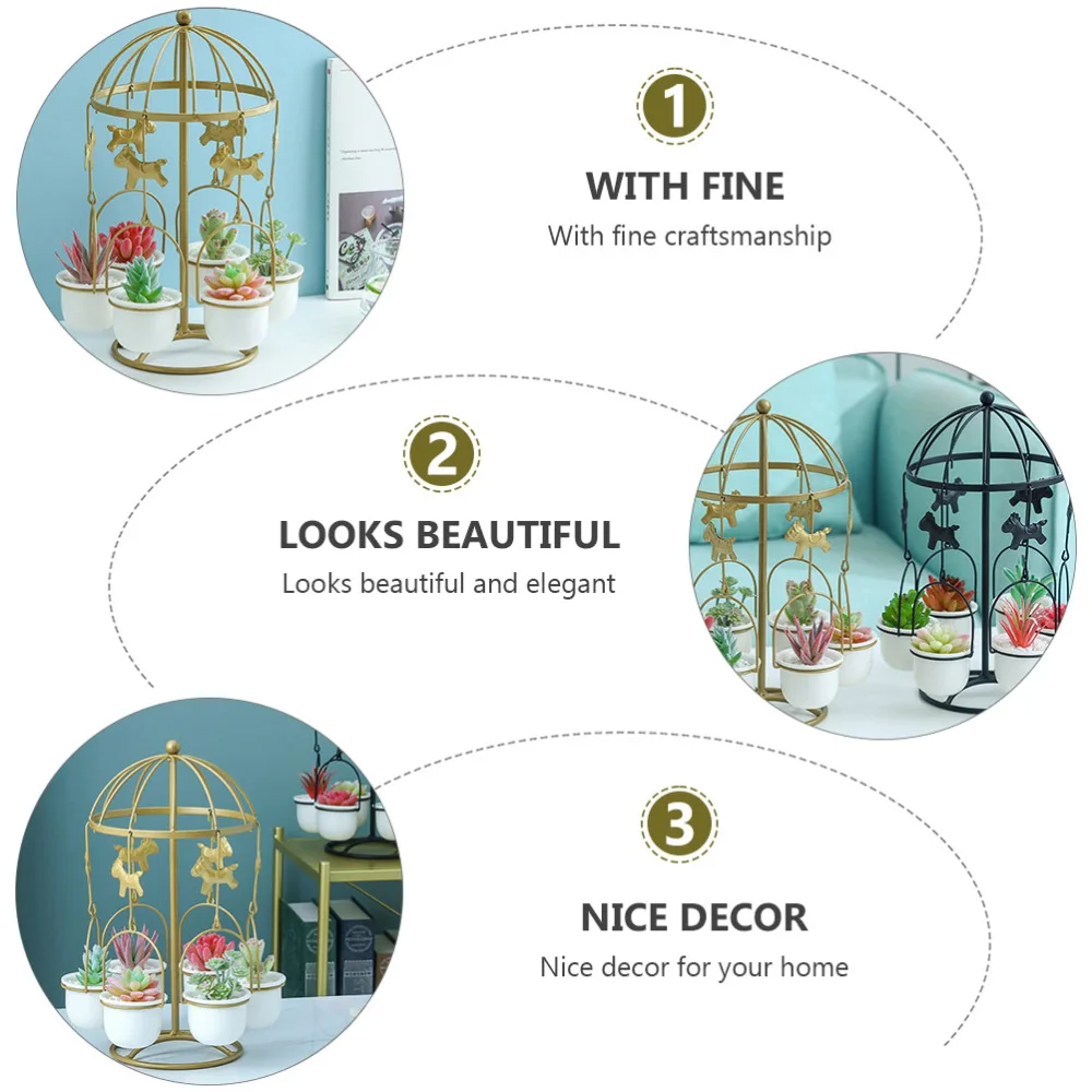 

1 Set Ceramic Bonsai Flower Pot Simple Carousel Iron Frame Set Desktop Ornament