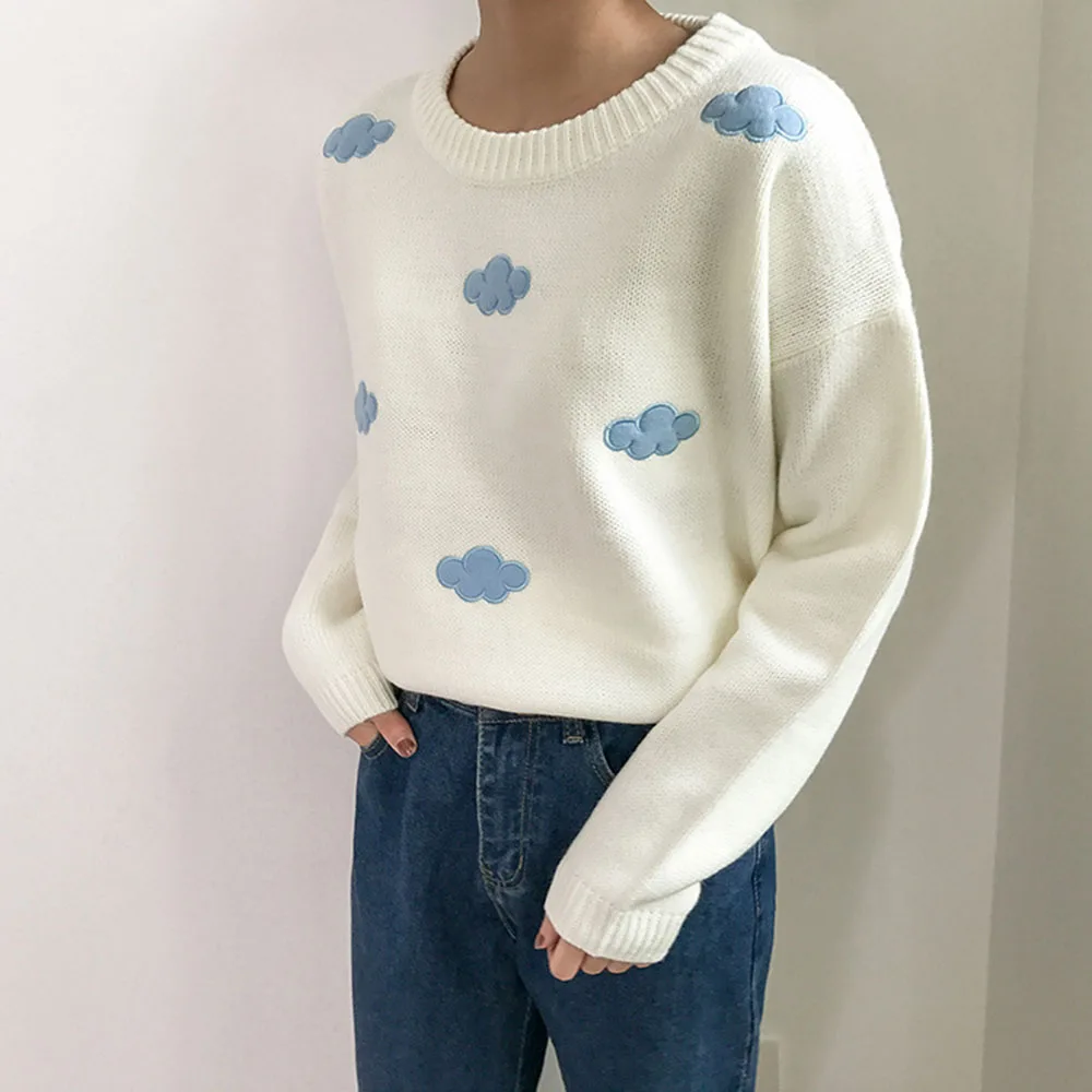 Women's Clothing Cute Kawaii Thick Loose Clouds Embroidery Sweater Lady Harajuku Ulzzang Sweaters For Women Knitted | Женская одежда