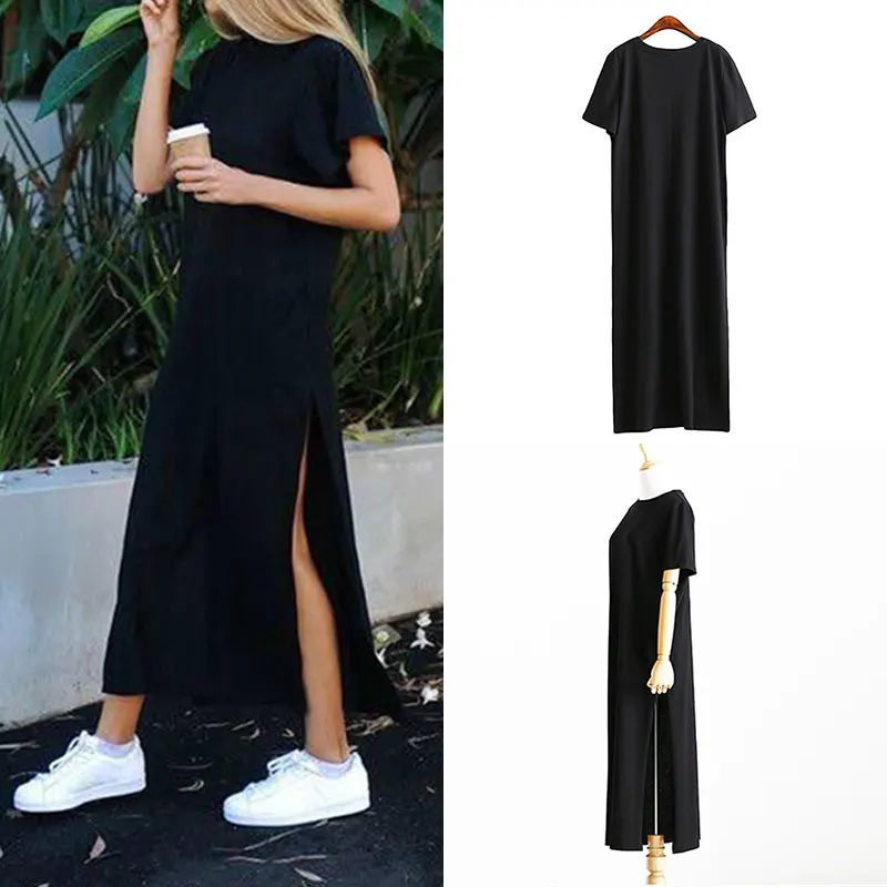 Женское платье-макси винтажное Свободное платье с коротким рукавом Черное