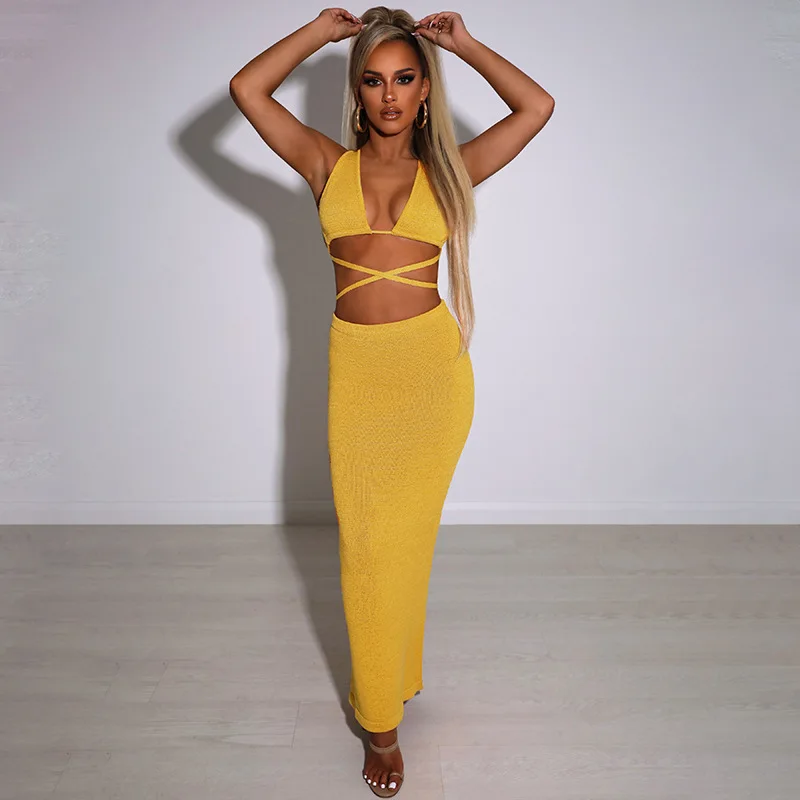 

Женский комплект из топа и юбки, бежевый комплект из двух предметов: топ с открытой спиной и прямая юбка макси с эластичным поясом