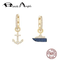 chic 925 sterling silver blue zircon cruise ship and anchor drop earrings women luxury jewelry asymmetrical dangle earrings