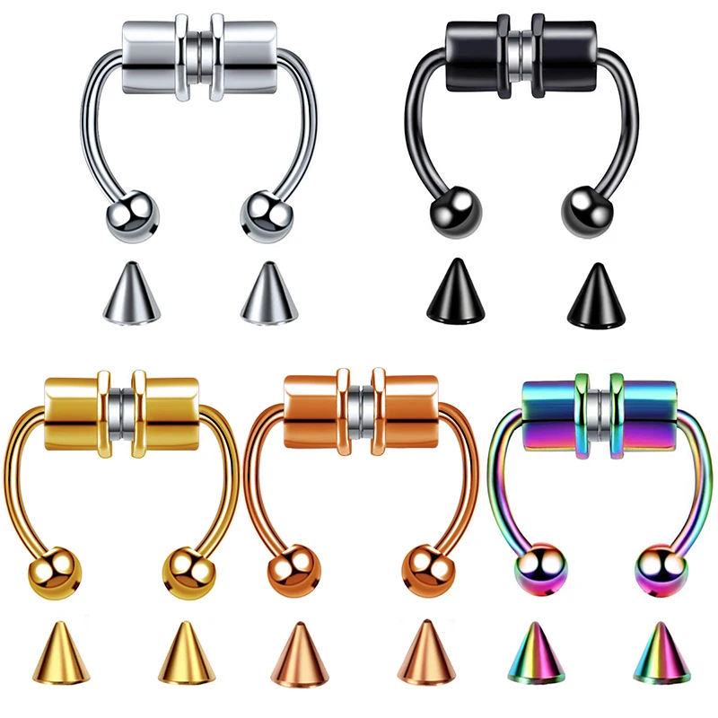 

Magnet Magnetic Reusable False Nose Ring Horseshoe Ring Double-Headed Ball Cone Without Perforated Nose Hoop Jewelry 2021 New
