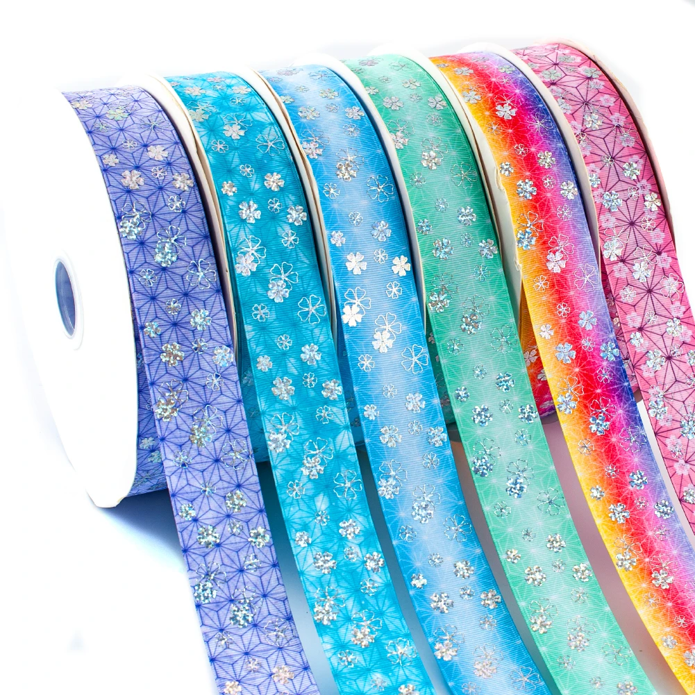 

Japanese Flower Laser Sliver Grosgrain Ribbon Double Face Printed Kimetsu No Yaiba Pattern for DIY Hair Bows Handmade Materials