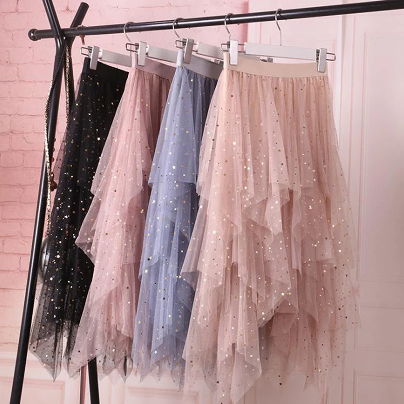 

2021 Newest Hot Women's Tulle Skirt Elastic High Waist Underskirt Ballet Irregular Pleated Maxi Skirt Sheer Tutu Tulle Skirts