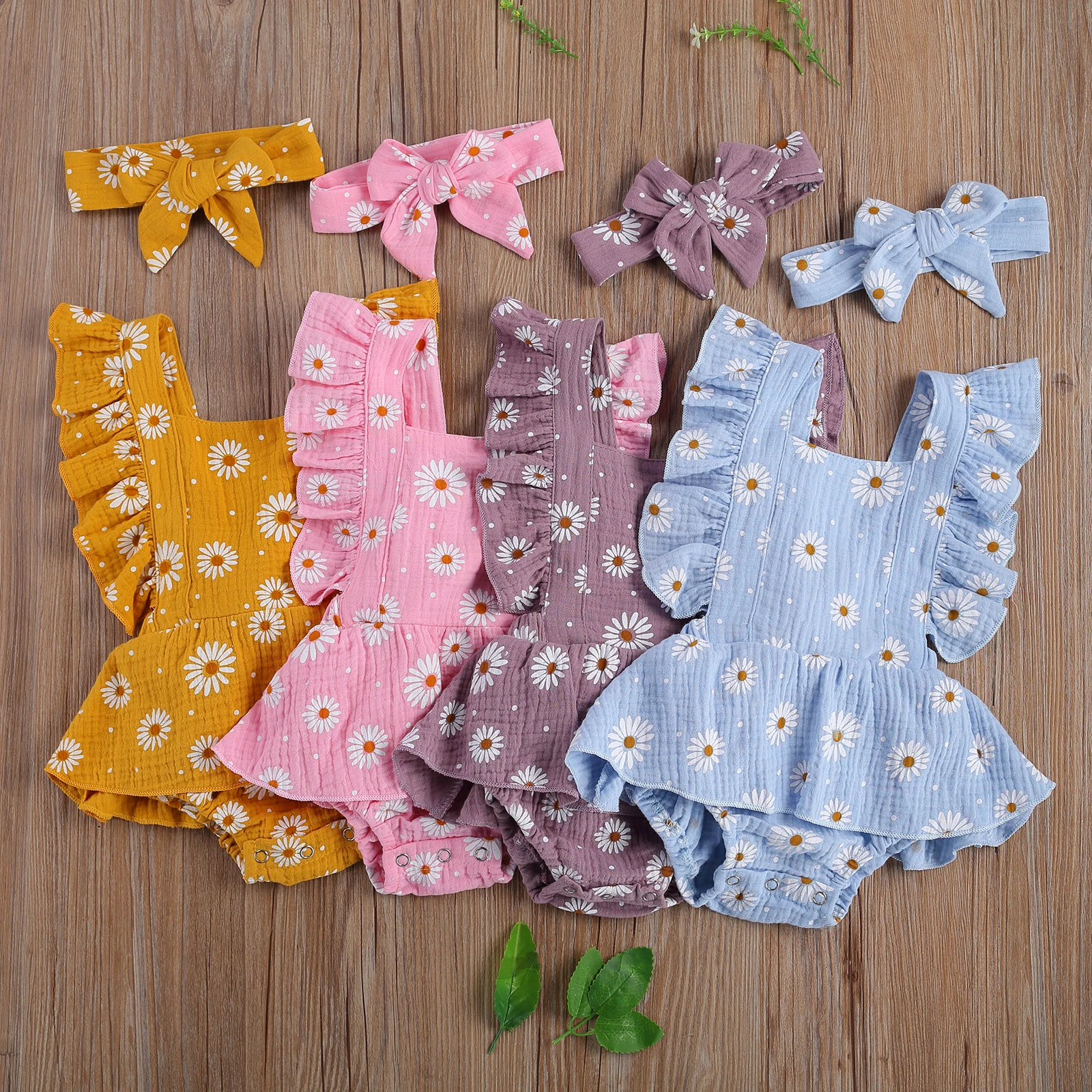 

0-24M Newborn Baby Girls Ruffle daisy r Romper Backcross Jumpsuit +Headband Outfits Sunsuit Baby Clothing