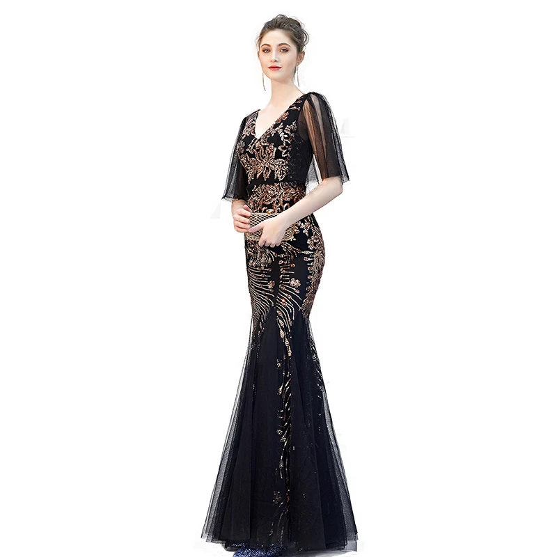 

Evening Dress Mermaid Appliques Lace Black Formal Dress Elegant Vestido Longo Dourado Festa Party Gown For Women Robe De Soiree