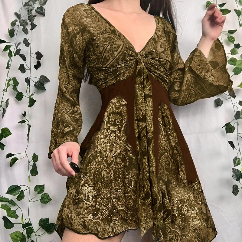 

Женское винтажное платье с контрастными нашивками, элегантное модное платье с V-образным вырезом и Расклешенным рукавом