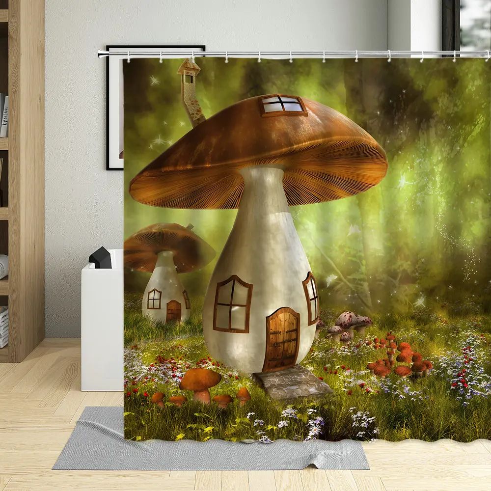 

Dream Mushroom House Shower Curtain Beautiful World Forest Printing Pattern Home Waterproof Washable Polyester Whit Hooks Set