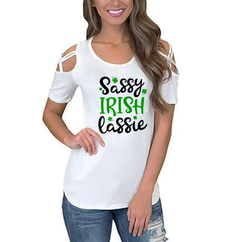 

New Arrival Bandage Off Shoulder T-Shirt For Women Sassy Irish Lassle Letters Print T-Shirt Women Tops Female Summer Tumblr