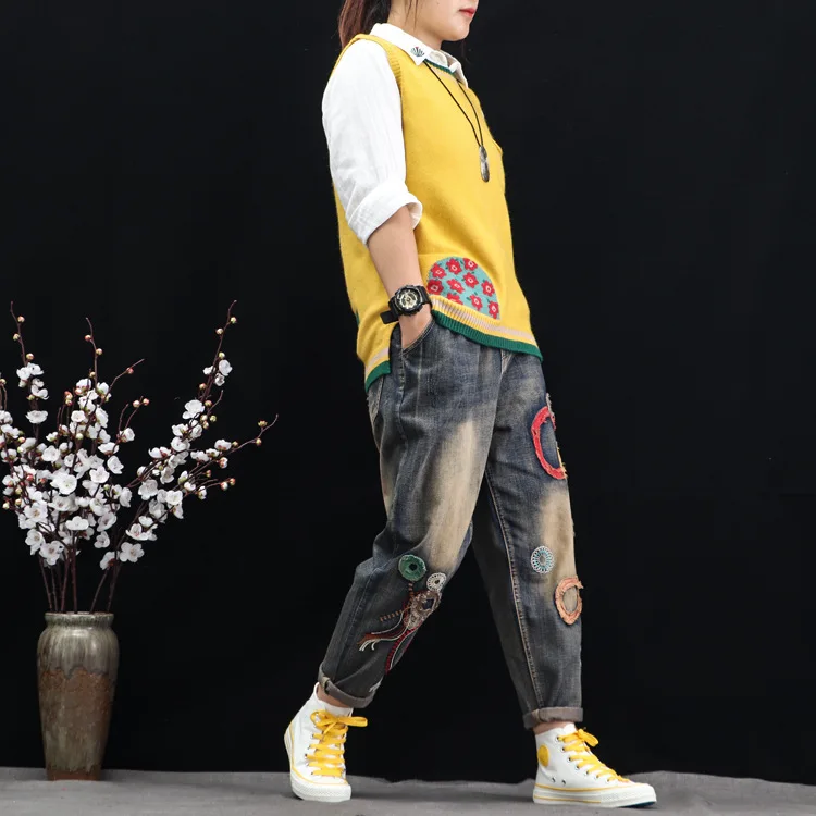 Оригинальные 2020 осенние новые ретро штаны-шаровары с вышивкой свободные женские