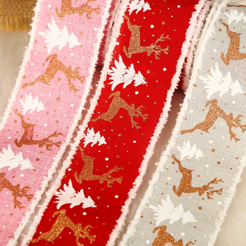 

5meters/roll Christams Tree Bronzing Elk Printed Ribbon for diy XmasTree Home Door Gift Packaing Ribbons Festival Decoration