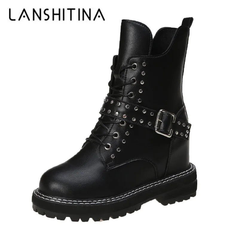 

2020 Ankle Short Boots Women Ladies Strap Autumn Punk Boots Casual Shoes 8cm Wedge Heels Rivet Leather Motorcycle Boots Woman