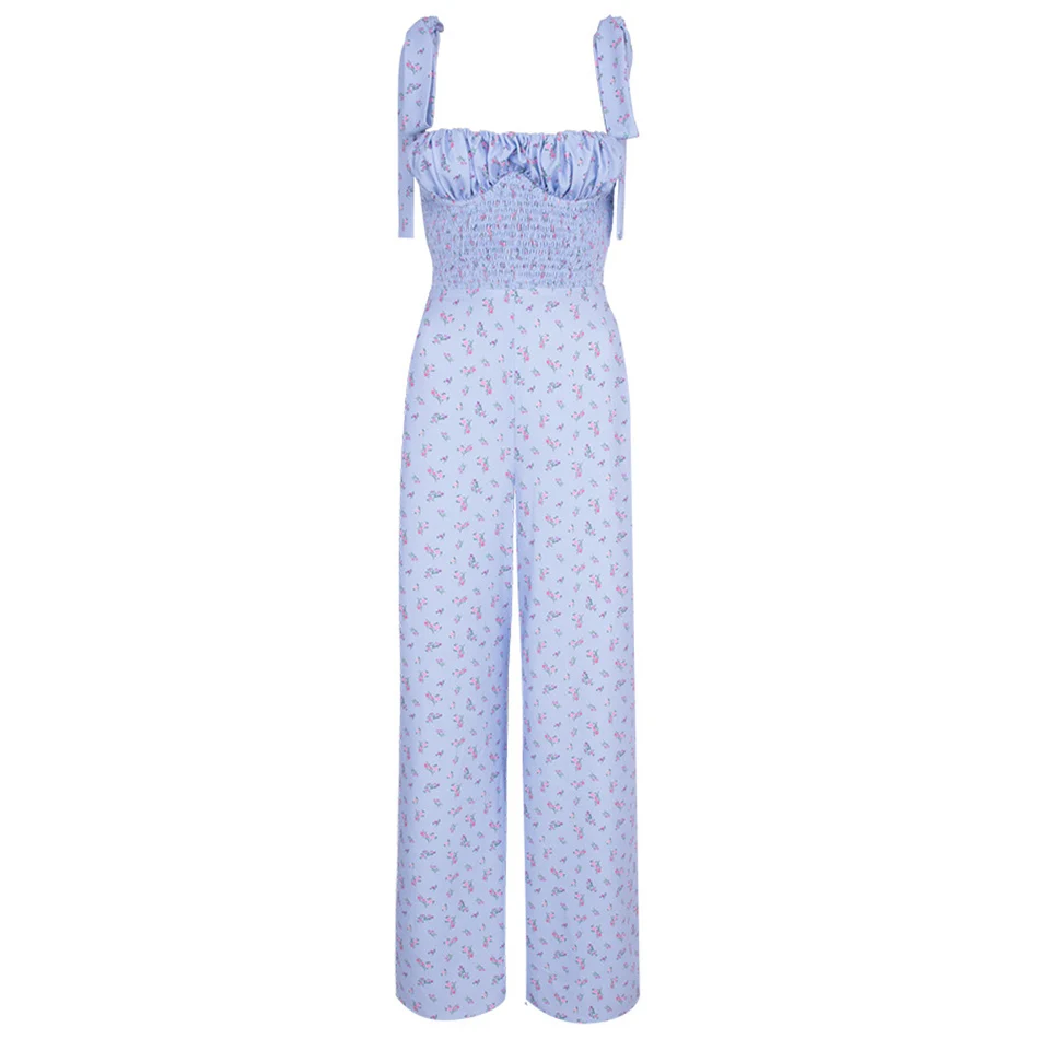 

Free Shipping 2021 New Elegant Women's Printed Jumpsuit Sexy Lace-Up Sleeveless Halter Summer Seaside Vacation Straight Jumpsuit