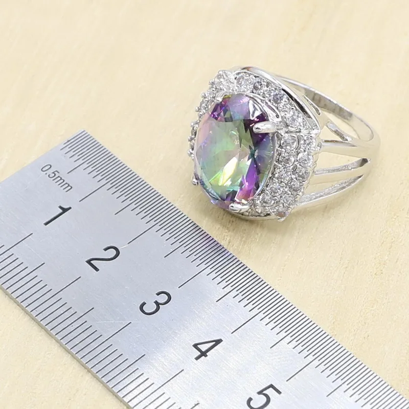 Multicolor Rainbow Crystal Silver Color Jewelry Set for Women Bracelet Earrings Necklace Pendant Ring Birthday Gift | Украшения и