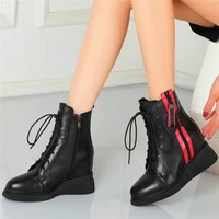 military riding oxfords womens genuine cow leather ankle boots lace up round toe hidden wedge high heels chic cool boots