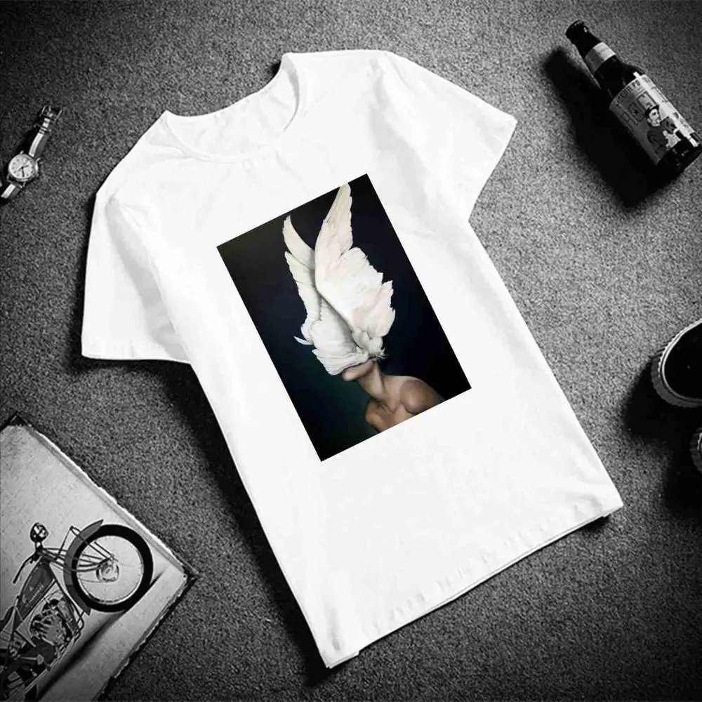 

Female Ullzang Grunge TShirt Plus Size T-Shirt Women Wings Feather Print Women Shirts O Neck Short Sleeve Tees Summer T Shirt