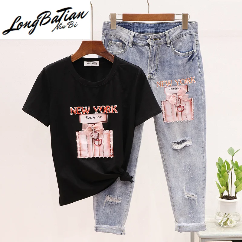 

2020 Summer Fashion Women Set Heavy Beading Short sleeve Cotton T-shirt + Holes Denim Pants 2pc Female Jeans Two Piece Outfits