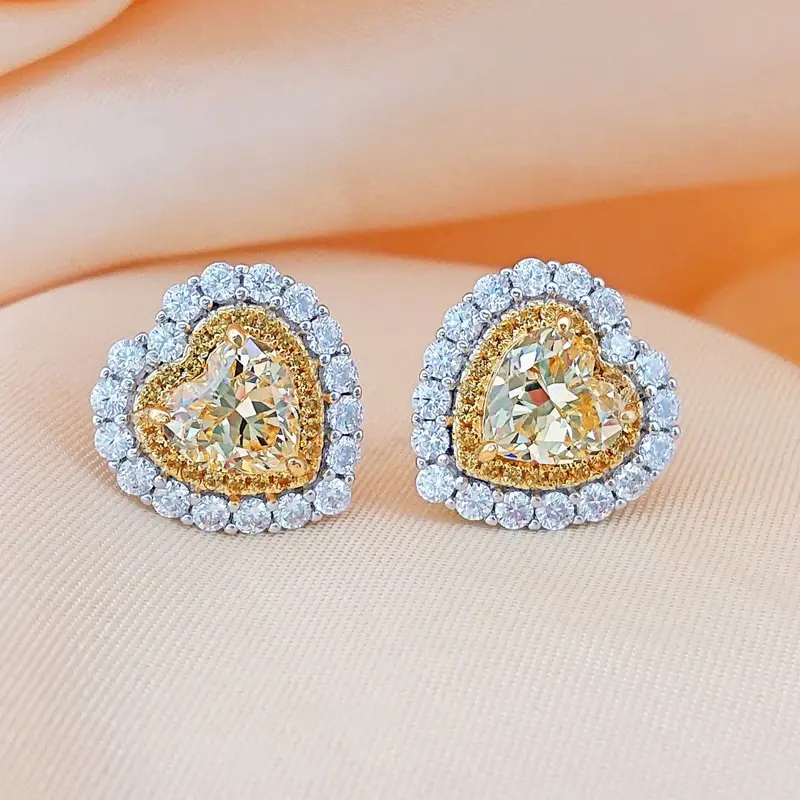 

Jazaz Luxury Yellow High Carbon Diamond Earrings For Women Spark Full Zircon Heart Wedding Party Bride Band Jewelry Gift B0832