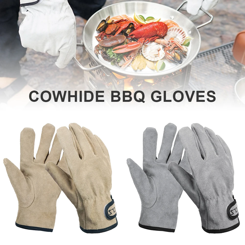 

BBQ Gloves Cowhide Leather Gloves Heat Fire Resistant Mittens Outdoor Warm Gloves for Baking Forge BBQ Oven Fireplace