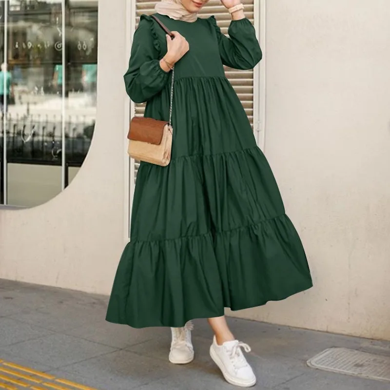 

Retro Round Neck Long-sleeved Middle Eastern Muslim Women's Spring And Autumn Casual Dubai Dress Abaya Turban Dress Maxi Arab Dr
