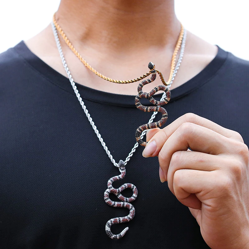 

Hip Hop Bling Cubic Zirconia Coral Snake Iced Out In White Gold Color Necklaces & Pendants For Men Jewelry With Solid Back