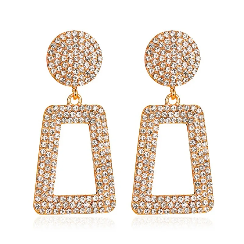 

QW earrings temperament long flash diamond geometric earrings female fashion exaggerated diamond square hollow earrings