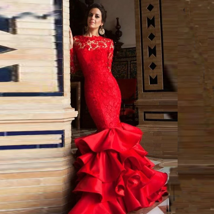 

2021 robe de soiree Sexy Backless Red Long Sleeve Prom Dresses Mermaid Lace Prom Gown Ruffles Skirt Party Dresses