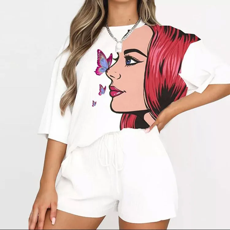 

Summer comfortable printing cotton commuter temperament waist sweet short-sleeved pullover two-piece suit round neck sweatshirt