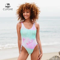 cupshe dreamy tie dye drawstring one piece swimsuit for women sexy high cut u neck monokini 2021 beach bathing suits swimwear