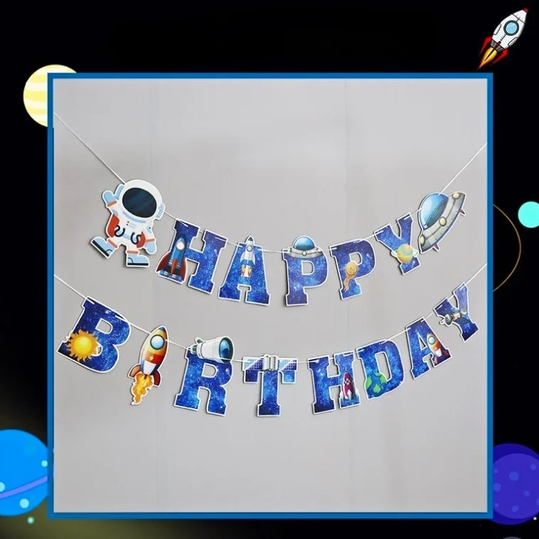

5 Meters Long, HAPPY BIRTHDAY Letter Pull Flag, Astronaut Theme, Rocket, Flying Saucer,Baby Boy Birthday Party Banner Decoration