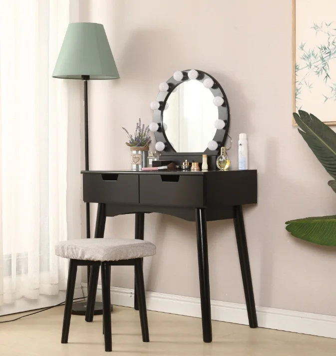 

White/black Dressing Table Set With Mirror Vanity Artificial Minimalism Drawers For Mirrored Dresser Furniture Bedroom 131cm HWC