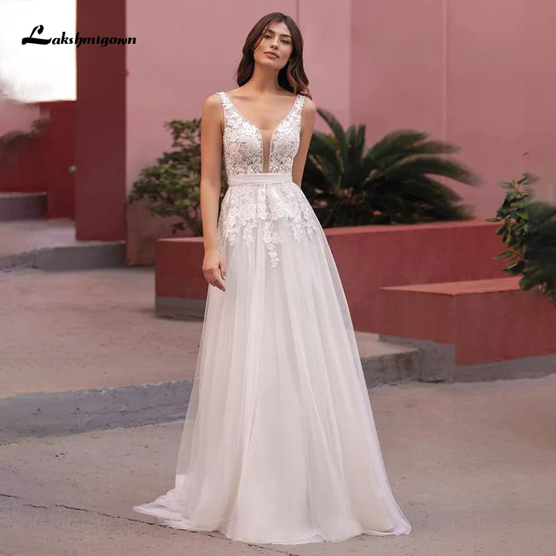 

Lakshmigown Romantic Beach Wedding Dress 2023 Lace Bustier Appliques A Line Tulle Bridal Gown robe de mariee V Neck Open Back