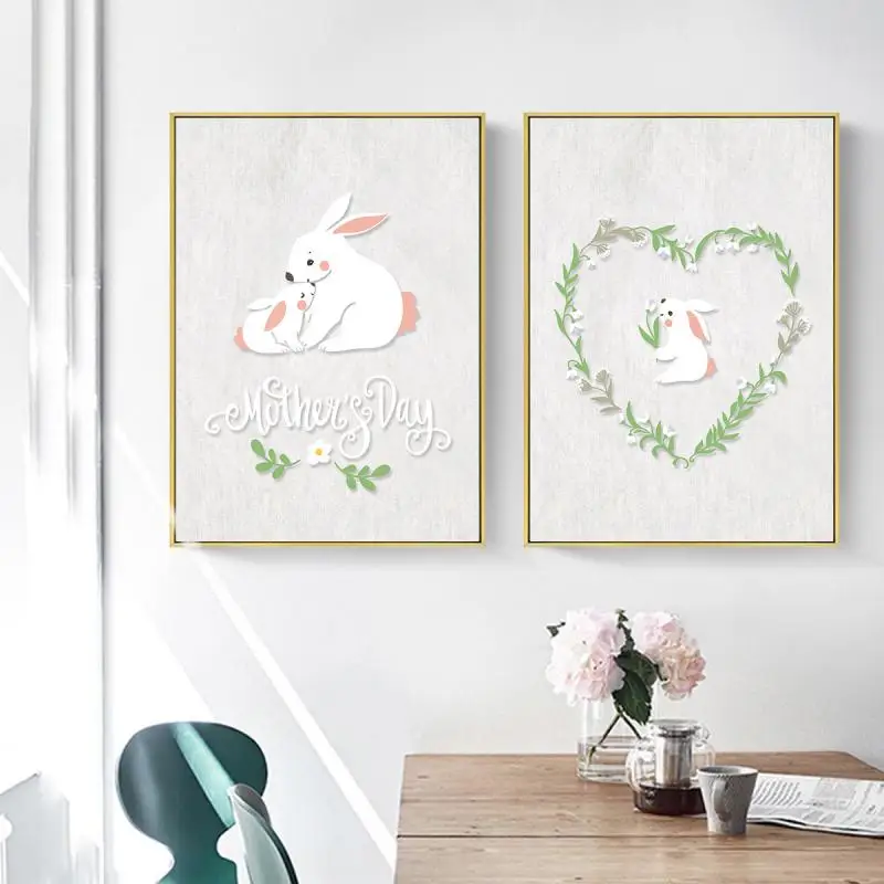 

Nordic Style Cute White Rabbit Thanksgiving Wreath Mother's Day Minimalist Printing Decoration Frameless Canvas Custom Poster