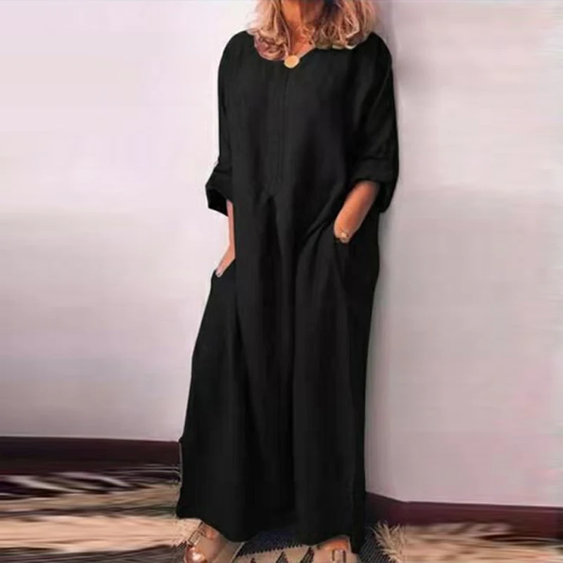 New Black Dress Хлопковое льняное белое платье макси для женщин, весеннее летнее свободное платье размера плюс с большим подолом, бохо платье, длинные платья с рукавом три четверти, кафтан 5XL - Цвет: New Black Dress