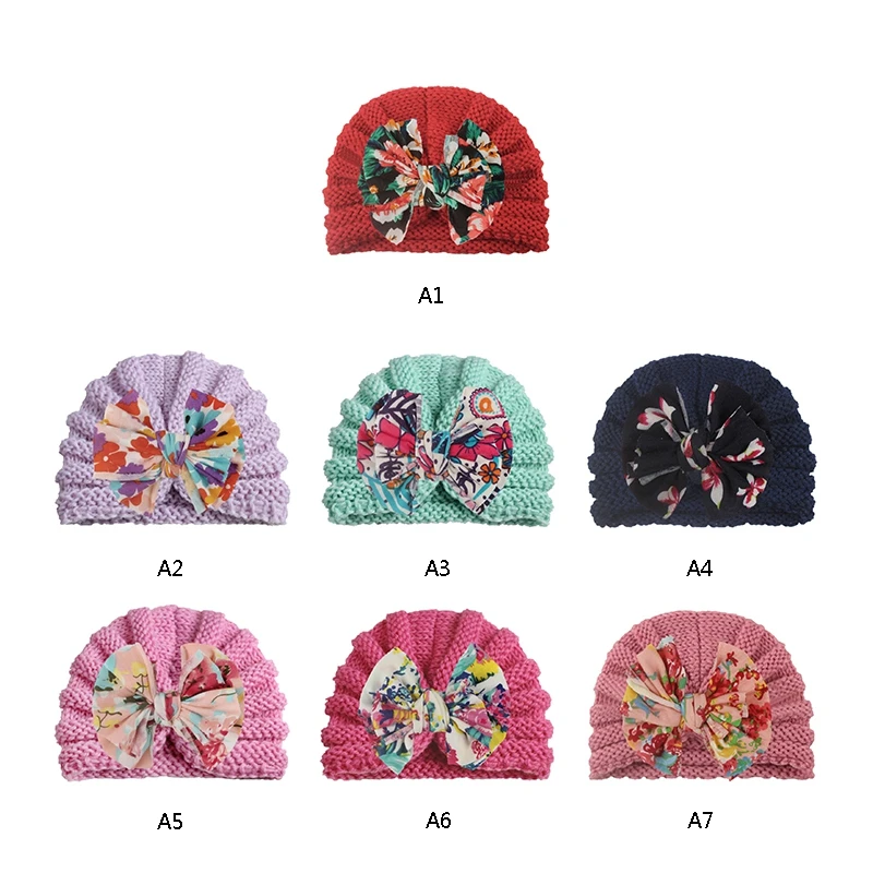 

Children Print Baby Floral Design Hat Kids Bow Cap Newborn Girls photography Props Spring Autumn Modis Beanie Turban Infant Prop