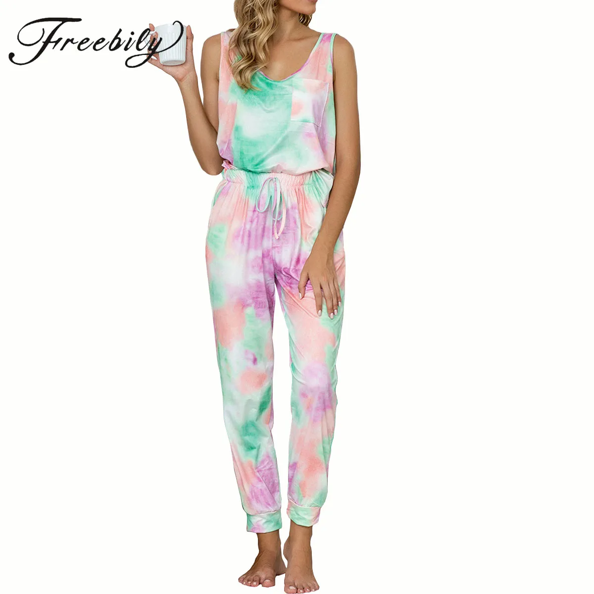 

Womens Pajama Set Sleeveless Tank Top and Pants Pj Set Tie Dye Loungewear Sleepwear