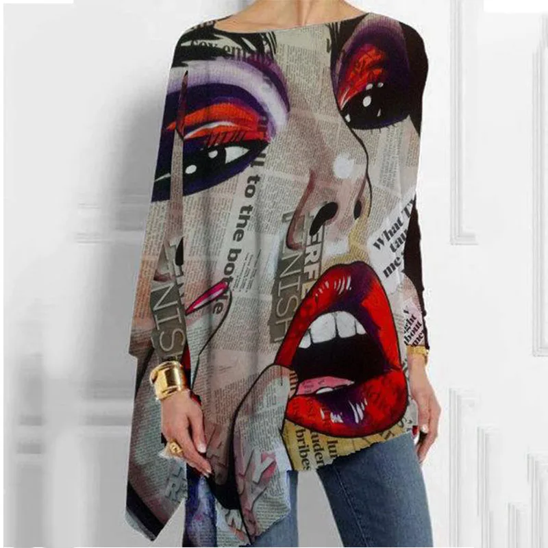 

Abstract Face Print T Shirts for Women Vintage Loose Fashion Clothes Plus Size O Neck Long Sleeve Tops Spring 2021 England Style