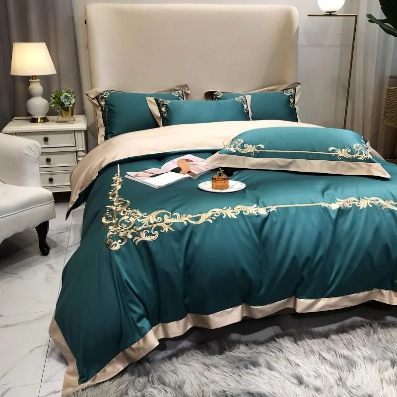 comprar 4 Pçs Conjunto De Capa Edredão Verde Turquesa Bordado Luxo Conjunto Cama Consolador Capa Folha Travesseiro Shams Rainha Rei Tamanho 4 Pçs