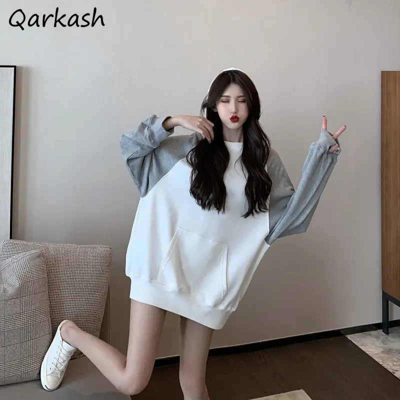 

Hoodies Women Patchwork Kangaroo Pocket Simple Korean Style All-match Spring Students Leisure Daily Comfortable Fashion Femme