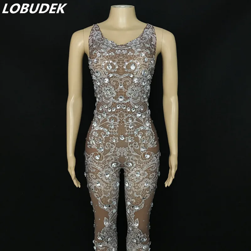 Summer Women Sleeveless Jumpsuit Lace Pattern Shiny Rhinestones Stretch Leotard Nightclub Bar Party Singer Dancer Stage Costume