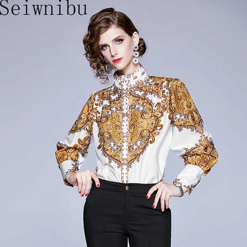 Женская блузка с винтажным принтом рубашка большого размера воротником стойкой
