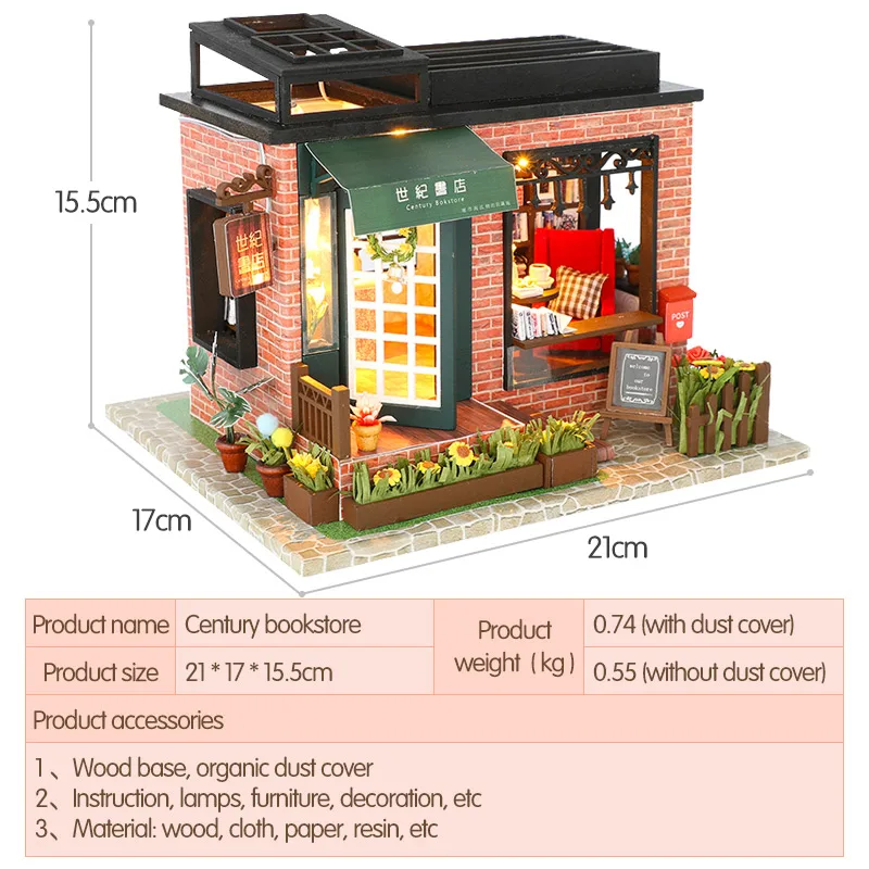 

DIY Miniature Century Bookstore Doll House with Furniture Wooden Miniaturas Dollhouse Toys for Children Christmas Birthday Gifts