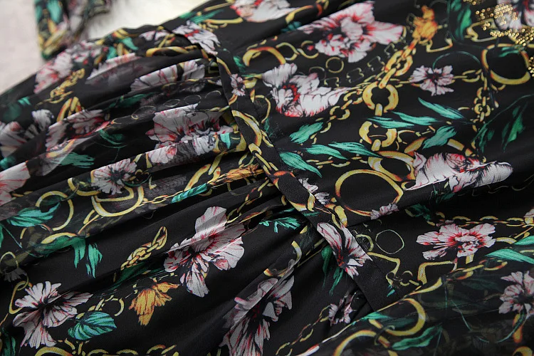 

European and American women's clothing spring 2021 new Long sleeve round collar chain floral print Fashion Black Dress