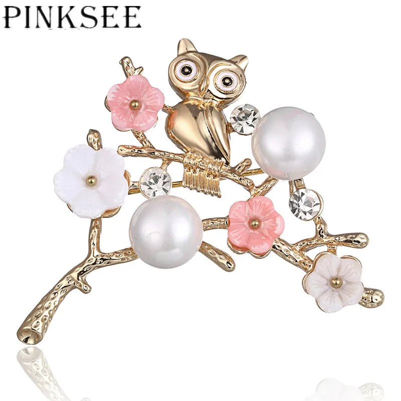 Женская эмалированная брошь в виде совы с искусственным жемчугом|Броши| |