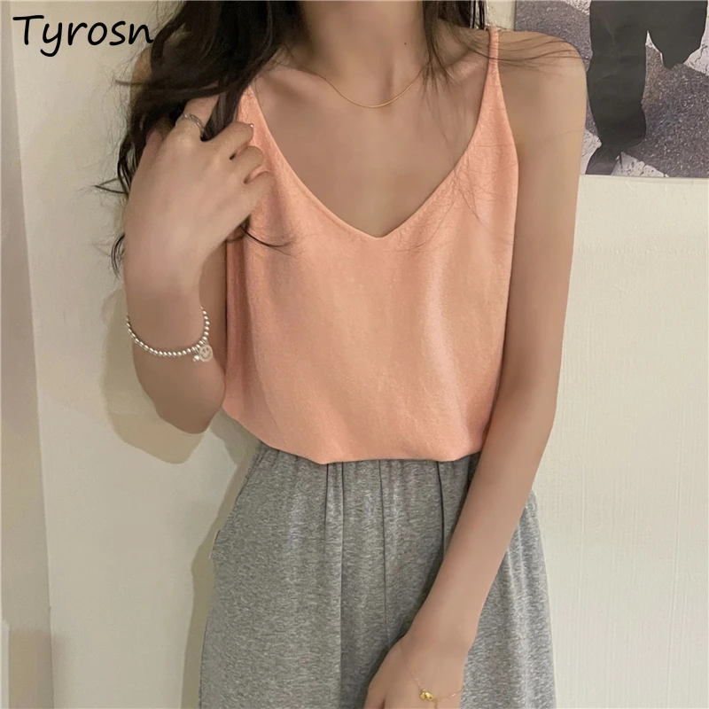 

Women Camisoles Solid Simple All-match Tender V-neck Temperament Trendy Loose Leisure Elegant Lady Vintage Sweet Daily Basic Hot