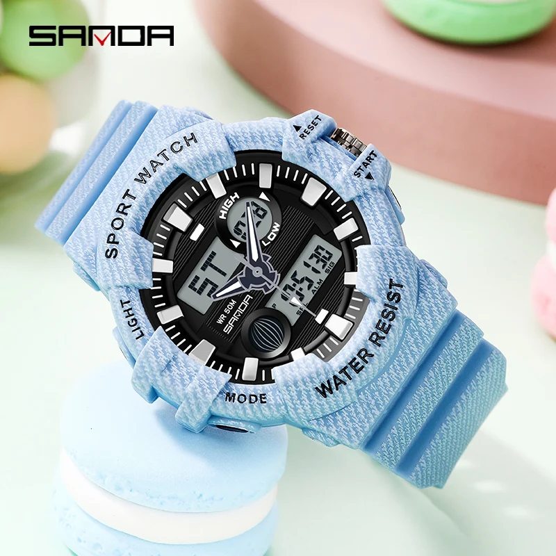 SANDA Top Brand 2022 New Women Watch Luxury Dual Dial Electronic Wristwatch Shockproof Waterproof Clock Led Light Watches 3038 enlarge