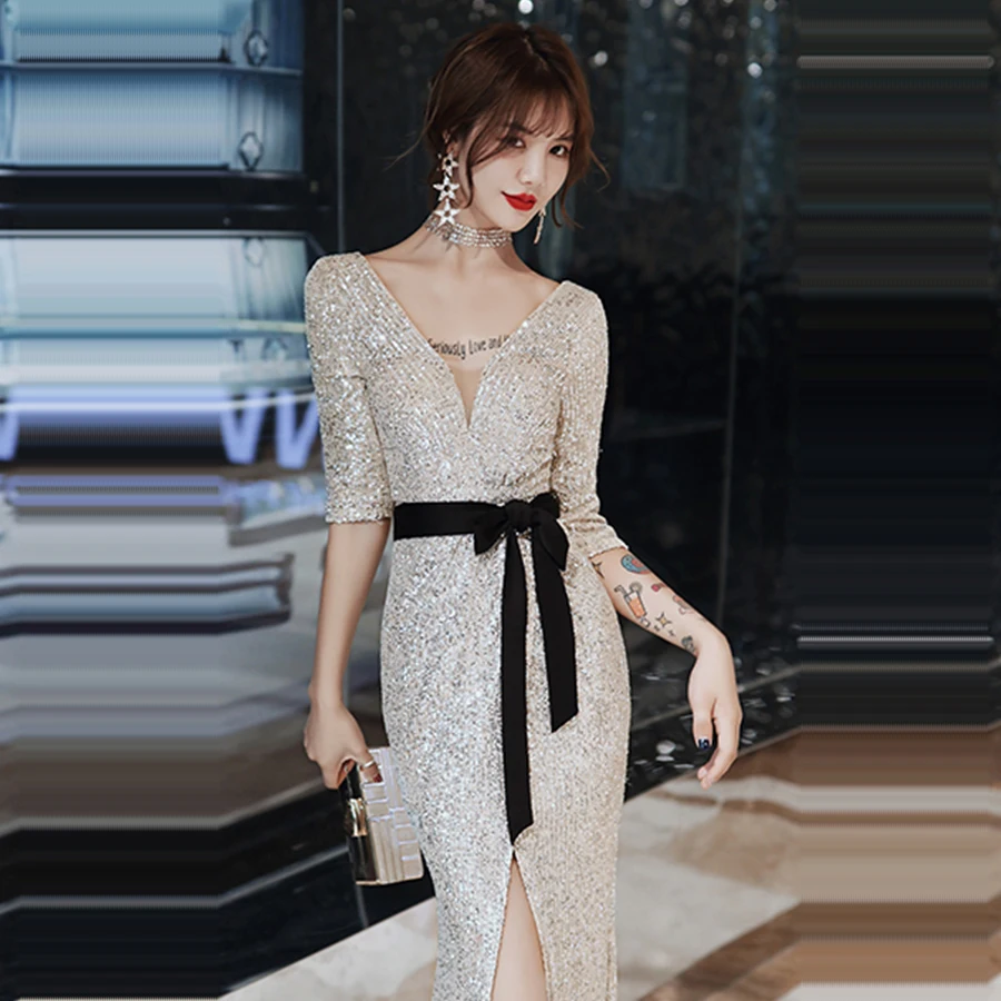 It's Yiiya Formal Dress V-Neck Zipper Sequined Floor-Length Evening Plus Size Half Sleeve Ruched Robe De Soiree K009 | Свадьбы и